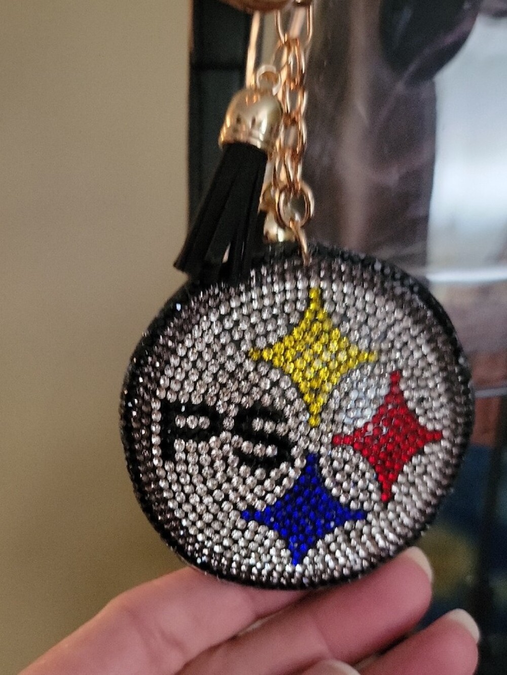 Go STEELERS !! Crystal Studded Round Keychain Purse Charm with Colored Stars - Picture 5 of 5